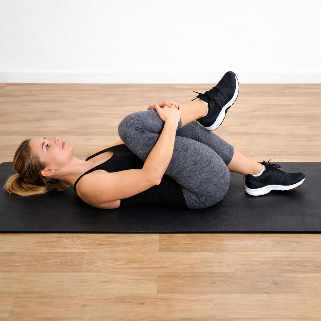 Supine figure 4 stretch in progress