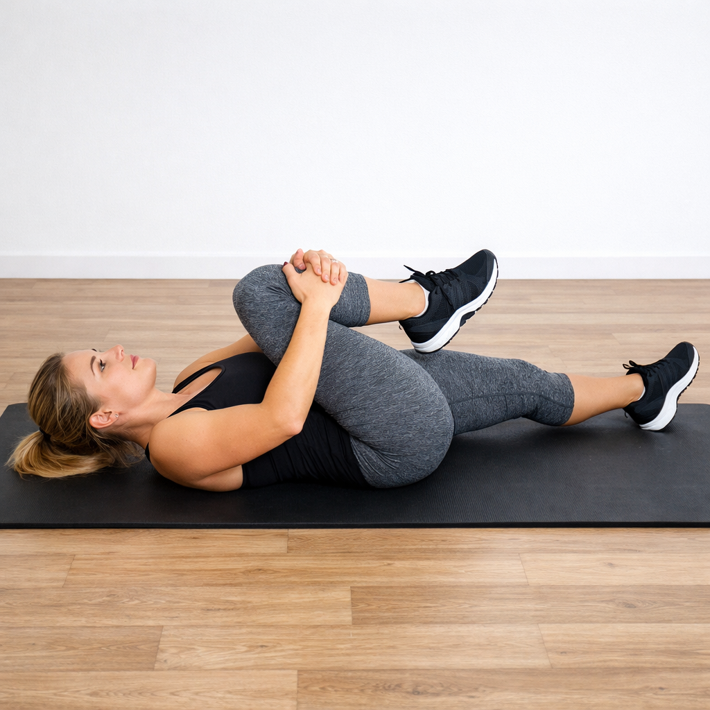 Supine piriformis stretch on mat